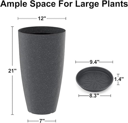 Tall Flower Pot Indoor - Outdoor Plant Pot - Black Glossy Planter - Elegant Stone Imitation - 12" Diameter 21" Tall with Drainage Holes and Saucer
