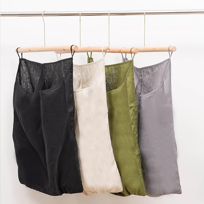 100% Pure Linen Dual Hanging Laundry Bag with 2 Deep Pocket and 2 Side Zipper 20x27in, Over The Door Laundry Hamper Space Saving Hampers for Dirty Clothes Home Travel, Black