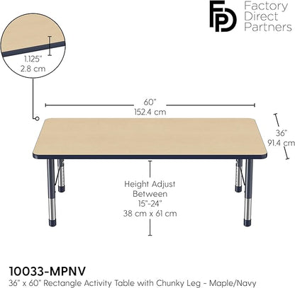 Factory Direct Partners FDP Rectangle Activity School and Classroom Kids Table (36 x 60 inch), Toddler Leg, Adjustable Height 15-24 inches - Maple Top and Navy Edge