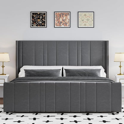 King Size Bed Frame and Headboard, Modern Velvet Upholstered Bed Frame with Vertical Channel Tufted Headboard & Footboard, Soft Bed Frame King, Noise Free, No Box Spring Needed, Easy Assembly, Grey