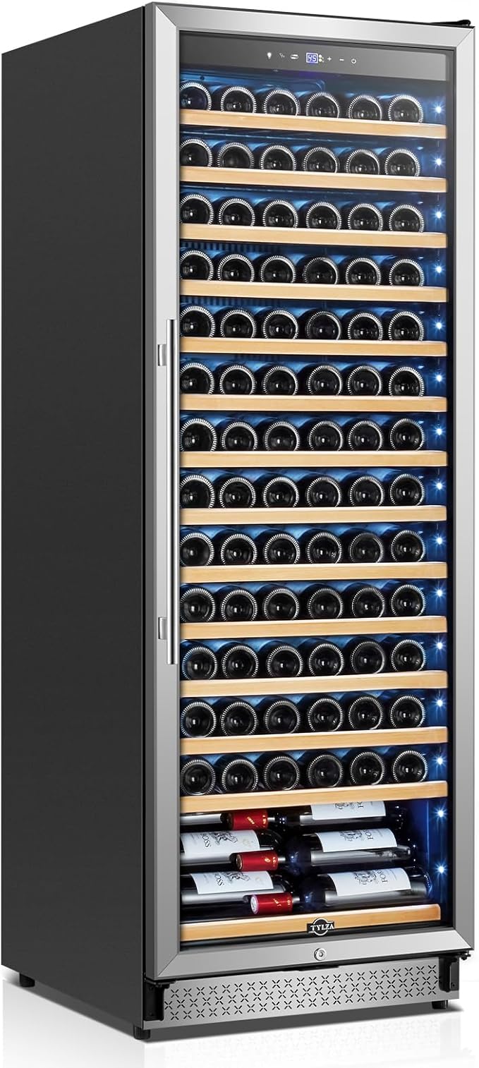 Tylza Upgraded 154 Bottles Wine Cooler Refrigerator, 24 Inch Tall Wine Fridge Built-in or Freestanding with Professional Compressor, Low Noise Fast Cooling and Intelligent Temperature Memory