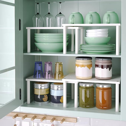 Cabinet Organizer Shelf(Set of 2),Kitchen Counter Shelves,Bamboo Spice Rack Countertop and Cabinet,Stackable Expandable,Medium,(White)