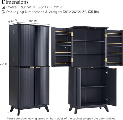 OKD Fluted Kitchen Pantry, 72" Tall Mid Century Modern Storage Cabinet with Adjustable Shelves & Door Organizer, Wood Cabinet for Kitchen, Living Room, Dark Grey