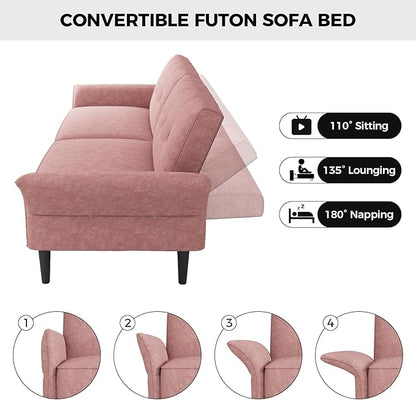 89” Futon Sofa Bed, Velvet Fabric Futon Couch Bed with 2 Square Pillows, Convertible Sleeper Sofa with Adjustable Backrest& Armrests, Modern Loveseat Sleeper for Living Room, Bedroom, Pink