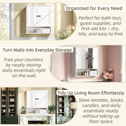 White Bathroom Cabinet Wall-Mounted, Storage Cabinets with Adjustable Shelves, Space-Saving Organizer with 2 Doors for Bathroom, Laundry, Kitchen - Moisture Resistant & Easy Install