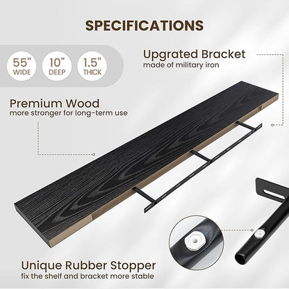 Fun Memories 55 Inch Fireplace Mentel Shelf, 10 Inch Deep Shelves for Display & Wall Storage, Rustic Wood Wall Shelf, Extra Long Floating Shelves for Living Room Laundry Room, Black, Set of 1
