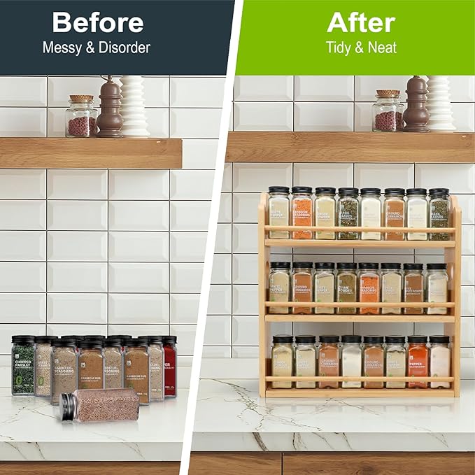 3 Tier Bamboo Spice Rack, Spice Rack Organizer, Seasoning Jars Rack Shelf Spice Organizer for Kitchen Counter or Wall Mounting, Bamboo Spice Storage Holder with handles Easy to Move
