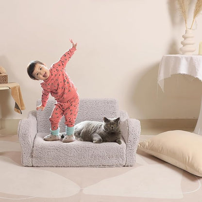 Kids Extra Wide Chairs for Toddler, 2-in-1 Toddler Soft Sherpa Couch Fold Out, Convertible Sofa to Lounger for Girls and Boys, Grey