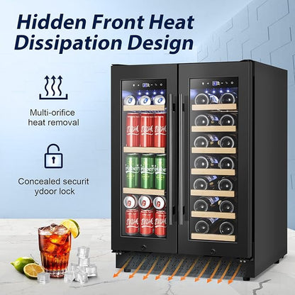 Tylza 24 Inch Wine and Beverage Refrigerator, Dual Zone Wine Beverage Cooler 24" with French Door, Under Counter Wine Beer Fridge Built-In or Freestanding, Holds 20 Bottles and 88 Cans, Black