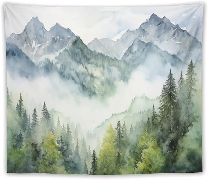 HZOHNAGO Mountain Tapestry Misty Green Forest Mountain Pattern Printed Wall Tapestry Wall Hanging for Bedroom Living Room Dorm 60" W x 50" H