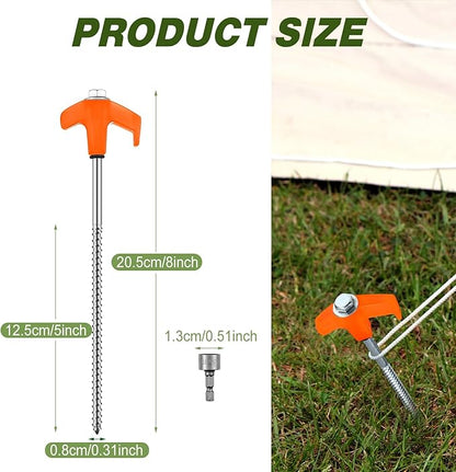 Hicarer 10 Pcs 20 Pcs 8'' Screw in Tent Stakes Heavy Duty Ground Metal Stakes for Inflatables with Hex Head Driver for Outdoor Camping Tent Inflatable Garden Decor (Orange)