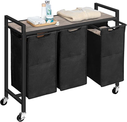 HOOBRO Laundry Sorter 3 Section, Laundry Hamper with Wheels, 3 × 11.5 Gal (43.4L), Rolling Laundry Basket, Pull-Out and Removable Oxford Fabric Bags, Greige and Black BG76XY01