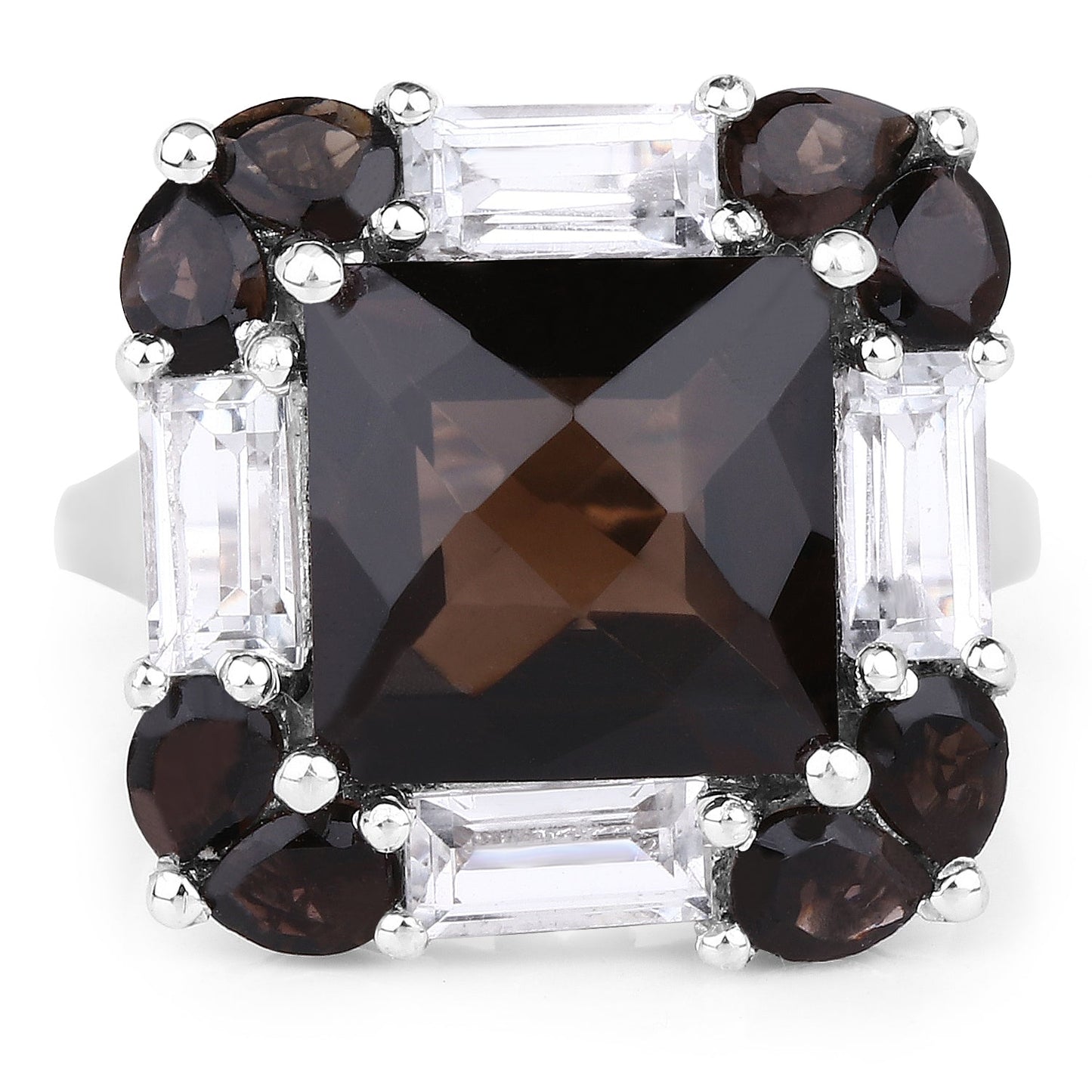 7.43 Carat Genuine Smoky Quartz & White Topaz .925 Sterling Silver Ring