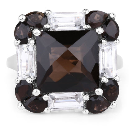 7.43 Carat Genuine Smoky Quartz & White Topaz .925 Sterling Silver Ring