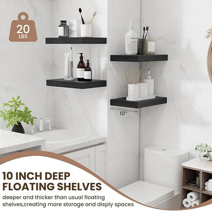 Fun Memories Black Floating Shelves for Wall - 10 x 16 Floating Shelf - Rustic Wood Storage Shelf - Wall Shelves with Invisible Bracket - 16" Bookshelves for Living Room & Bedroom - Black - Set of 2