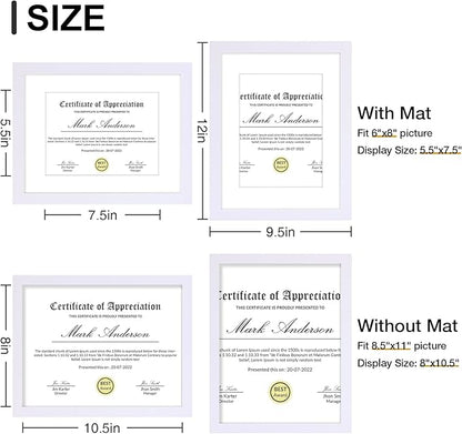 Vittanly 8.5x11 Picture Frames Set of 9, Shatter Resistant Plexiglass, Display 6x8 Pictures with Mat or 8.5x11 without Mat, Photo Frames for Wall or Tabletop, Engineered Wood, White