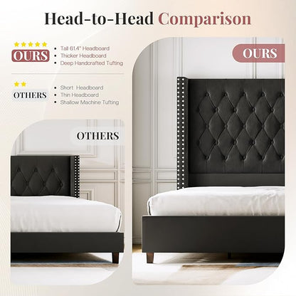 PaPaJet Queen Size Bed Frame with 61.4" Tall Headboard, Velvet Modern Upholstered Tufted Bed for Adults, Handmade Deep Button Tufting, Solid Wood Legs, No Box Spring Required, Black