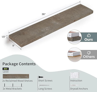 Floating Shelves | 8" Deep Rustic Reclaimed Barnwood Wall Hanging Shelves with Invisible Heavy-Duty Metal Bracket | Wall Mounted | Farmhouse Style | 36 inches, 2 PCs, Distressed Grey