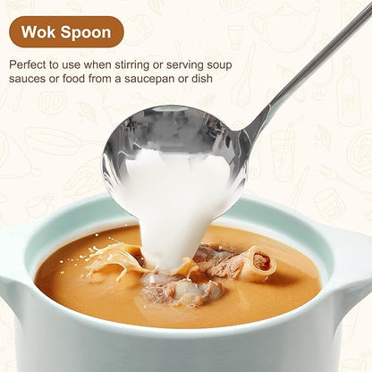 FJNATINH Wok Spatula - Ladle - Skimmer - Stainless Steel Wok Tools,Wok Utensil,Mirror Polished Stainless Steel Cooking Utensils 14.6-15.2" Kitchen Utensils Cookware, Pack of 3