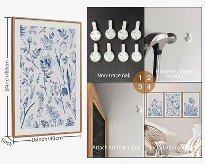 SIGNINART Classic Chinoiserie Framed Canvas Wall Art Set, Blue and White Floral Art Painting, Minimalist Botanical Flower Artwork, Navy Blue Wall Decor for Bedroom, Living Room, Office 16"x24"x3