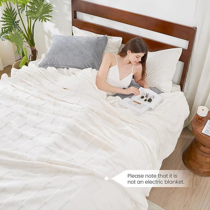 Cozy Bliss Checkered White Large Faux Rabbit Fur Twin Bed Blanket, Soft Fuzzy Fluffy Minky Cream Furry Blankets for Couch, Bed, Adults (60 * 80 Inches Ivory)