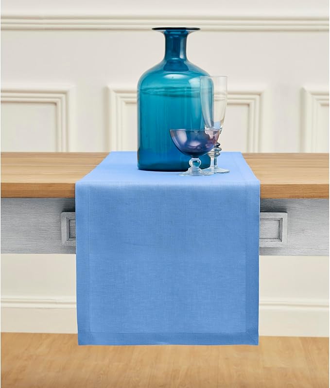 Solino Home Linen Table Runner 90 Inches Long - 100% Pure Linen Provence Blue Dining Table Runner 14 x 90 Inch - Fete