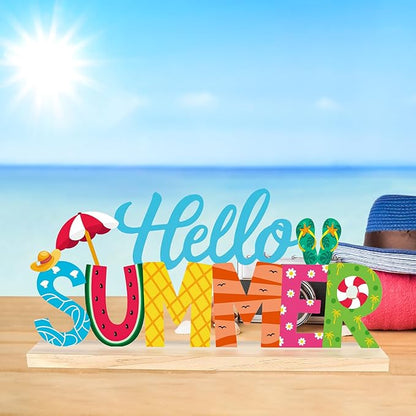 COCHIE Metal Hello Summer Sign, Summer Decorations for Home, Office, Shelf, Mantel, Indoor, Beach Slippers Tabletop Centerpiece Decoration, Watermelon Red Decor (Beach)