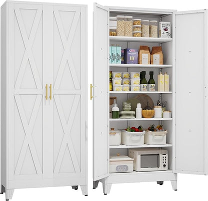 75" Tall Metal Kitchen Pantry Storage Cabinet, Freestanding Cupboard with 2 Doors and 5 Adjustable Shelves, Standing Storage for Kitchen, Bathroom, Garage, Dinning Room or Utility Room（White）