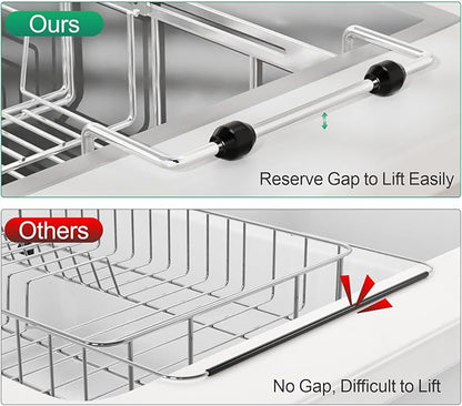 GSlife Expandable in Sink Dish Drying Rack Small with Silicone Mat - Stainless Steel Capacity Adjustable Over The Sink Dish Rack with Utensil Holder for Counter or Inside Sink (12.4" -16.8"), Silver