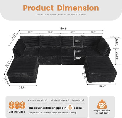HOOOWOOO Modular Sectional Sofa,6 Pieces Sectional Couches for Living Room,131X66 L Shaped Cloud Couch with Ottoman Chaise Set(Black Velvet Corduroy)