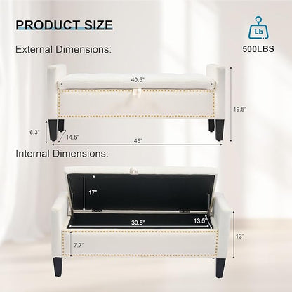 Storage Ottoman Bench, Velvet Upholstered Footstool for Bedroom and Living Room, Tufted Seat with Storage, Wooden Legs & Metal Rivets, Beige
