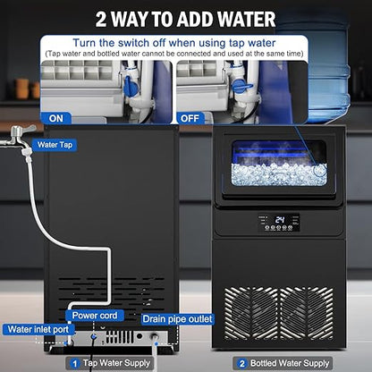 Commercial Ice Maker Machine 100 LBS/24H, 36 Ice Trays Freestanding & Undercounter Ice Machine Stainless Steel with 20 LBS Ice Storage Capacity, Ice Maker with Water Line, Dual Water Inlet, Black