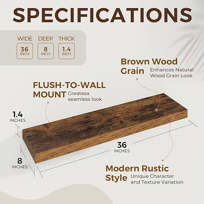 36 inch Floating Shelves Wall Shelves for Office with Invisible Brackets, 8 inch Deep Shelves for Bathroom, Living Room, Kitchen, Office, 36x7.9 inch deep Set of 2, Brown