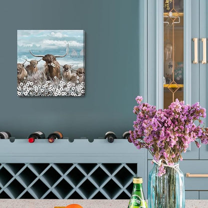 Canvas Wall Art Bathroom Coastal Boho Farmhouse Highland Cow Flower Picture Floral Artwork Rustic Country Landscape Longhorn Animal Painting for Living Room Bedroom Kitchen Décor Blue Brown Small