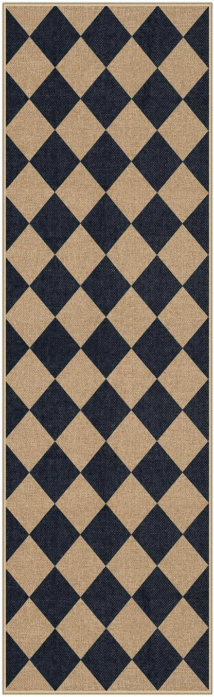 Lahome Checkered Easy Jute Runner Rug, 2x8 Hallway Kitchen Runner Rug Non Slip Washable Outdoor Carpet for Entryway Indoor, Checkerboard Black Indoor Outdoor Carpet for Hallway 8ft Entry