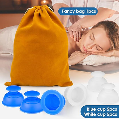Silicone Cupping Therapy Sets 10pcs,Professional Vacuum Cupping for Myofascial Massage/Joint Pain/Anti Cellulite/Deep Muscle Relief & More(10pcs,White+Blue)