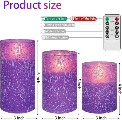 Purple Flameless Candles with Remote and Timer, Flickering Real Wax Battery Operated Candles, Set of 3 LED Pillar Candles for Halloween Christmas Wedding Home Decor