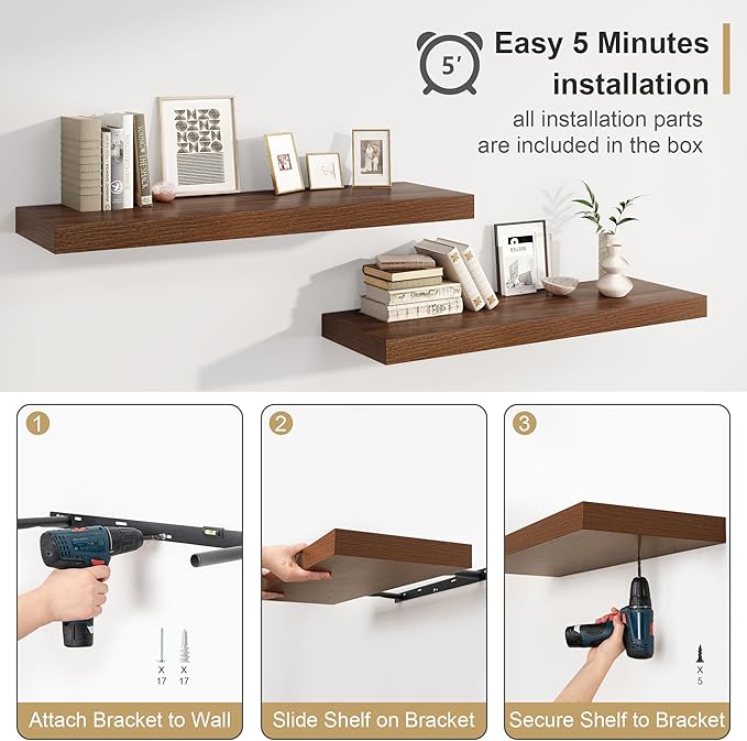 Heimlove 12" Deep Floating Shelves for Wall, 24 Inch Wall Shelf Bathroom Shelves Set of 1, Wall Mounted Shelves for Books Living Room Laundry Room Bedroom Kitchen Home Office, Walnut