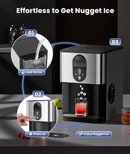 Nugget Ice Makers Countertop, Pellet Ice Maker Machine Dispenser with Water Reservoir with 44lbs/24H, Self-Cleaning, Soft Chewable Ice Maker Machine for Home/Kitchen/Office, Silver Stainless