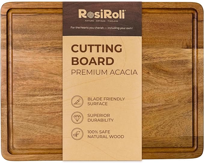 Acacia Wood Cutting Board for Kitchen - 0.8 inch Thick Wood Charcuterie Cheese Board with Side Handles and Juice Grooves, Wooden Chopping Block for Meat and Veggies, 13x10 inch