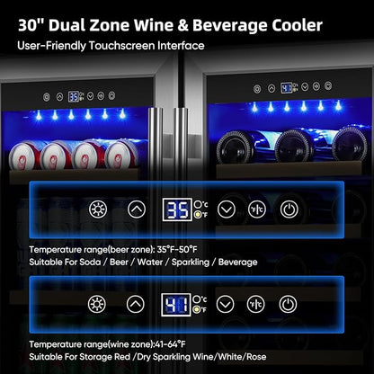 Wine and Beverage Refrigerator 30 Inch, Beverage Fridge Dual Zone with Upgraded Cooling, Wine Beverage Cooler Built-in or Freestanding, 30 Bottles and 110 Cans Large Capacity
