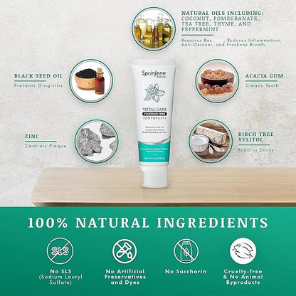 SprinJene Natural Total Care Fluoride Free Toothpaste for Strong Teeth & Gums - Natural Toothpaste to Soothe Dry Mouth & Freshen Breath | 4 Pack
