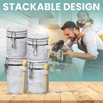 Home Intuition 4-Piece Ceramic Kitchen Canisters Set, Airtight Containers with Wooden Spoons Reusable Chalk Labels and Marker for Sugar, Coffee, Flour, Tea (White Marble)