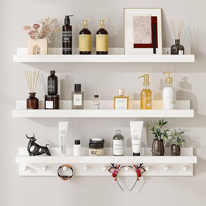 MBYD White Floating Shelves for Wall with Hooks, Nursery Book Shelves for Kids Room, 36 Inch Wall Mount Bookshelf for Living Room Bedroom Bathroom Kitchen, Hanging Picture Ledge Shelf Set of 3