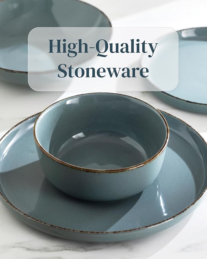 Stoneware dinnerware set 8 persons Rustic 24 pcs - Rustic design dinnerware set, dishwasher safe - Bowl and plate set - Pure Living dinnerware in smoky blue…