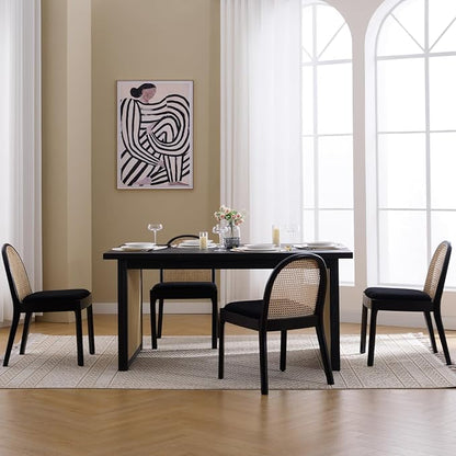 Mid Century Dining Chairs Set of 4, Accent Rattan Sherpa Fabric Side Chairs Kitchen Chair with Solid Wooden Legs for Living Room Dining Room, Black