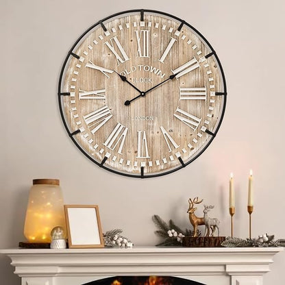 Farmhouse Wall Clock 30 Inch - Rustic Wood Metal Decor, Silent Sweep, Battery Operated for Living Room Kitchen Office, Brown