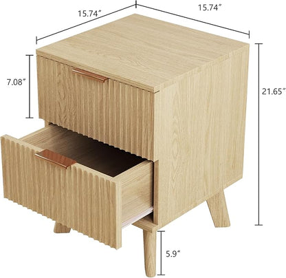 Fluted Nightstand, Mid Century Modern 2 Drawer Bedside Table for Bedroom, Small Dresser Night Stand Side End Table with Wood Fluted Drawer Storage for Bedroom Closet(Natural)