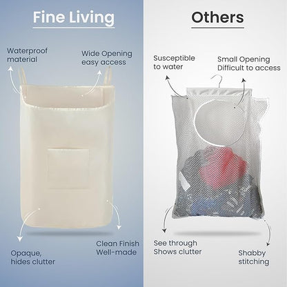 The Fine Living Co. Hanging Laundry Hamper with Over Door Hooks & Adhesive, Durable Space Saving Laundry Bag with Zipper and Wide Open Top, Hanging Dorm Laundry Hamper 18"x4.75"x28" (Beige-L)