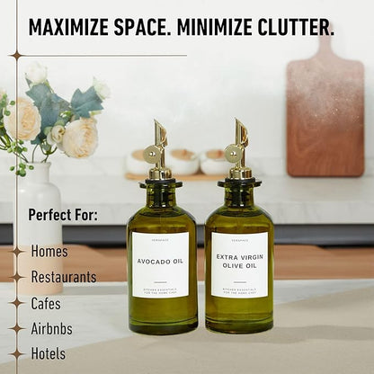 Green Glass Olive Oil Dispenser Bottle For Kitchen By Verpsace,Avocado Oil Dispenser Set, Modern Decor, Gold Kitchen Accessories for Home, Airbnb, Cafe (Gold, Set of 2)